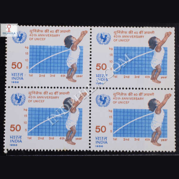 40TH ANNIVERSARY OF UNICEF S1 BLOCK OF 4 INDIA COMMEMORATIVE STAMP