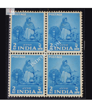 INDIA 1955 WOMAN SPINNING LIGHT BLUE MNH BLOCK OF 4 DEFINITIVE STAMP