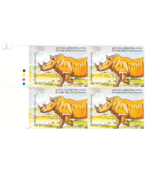 India 2015 3rd India Africa Forum Summit Two Horned Rhino Mnh Block Of 4 Traffic Light Stamp