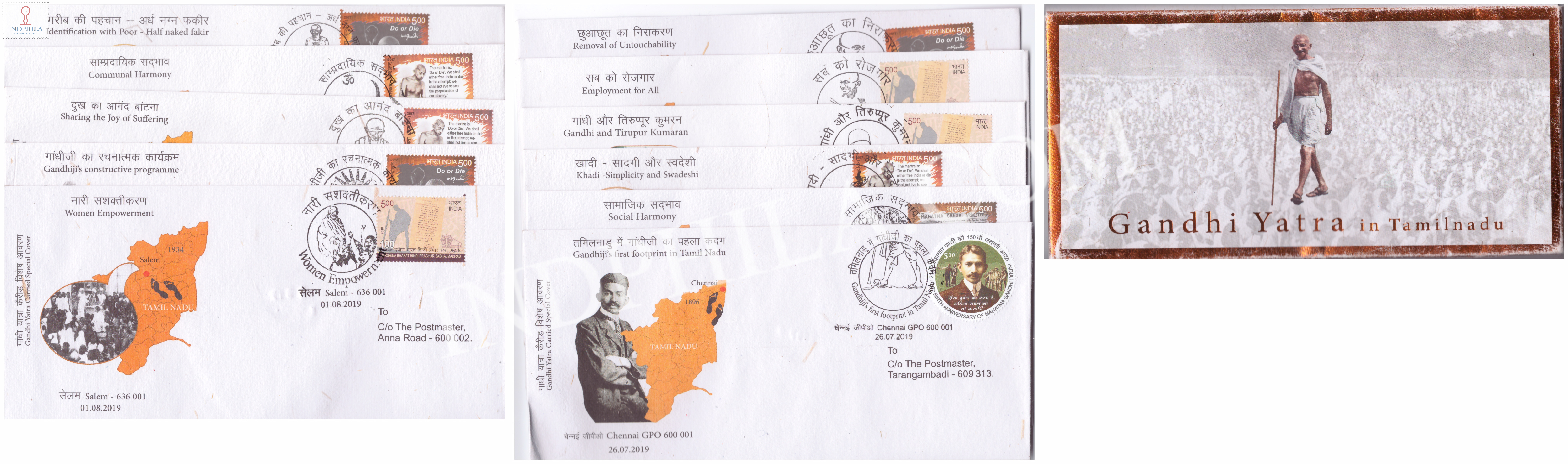 India 2019 Gandhi Yatra Carried Special Cover River Mail Was Released On 2019 Chennai Set Of 11 Covers